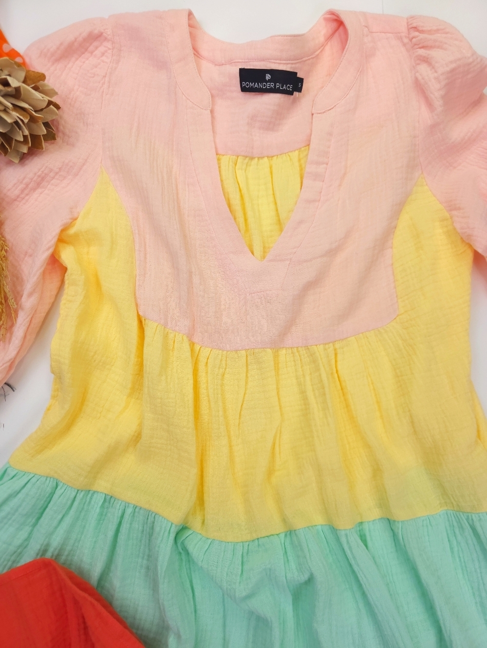 New Tuckernuck Pomander Place Colorblock Tiered Dress Pink Yellow Mint Red Sz S - Picture 3 of 13